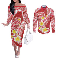 Plumeria Polynesian Coral Glitter Pattern Couples Matching Off The Shoulder Long Sleeve Dress and Long Sleeve Button Shirt LT01 Coral - Polynesian Pride