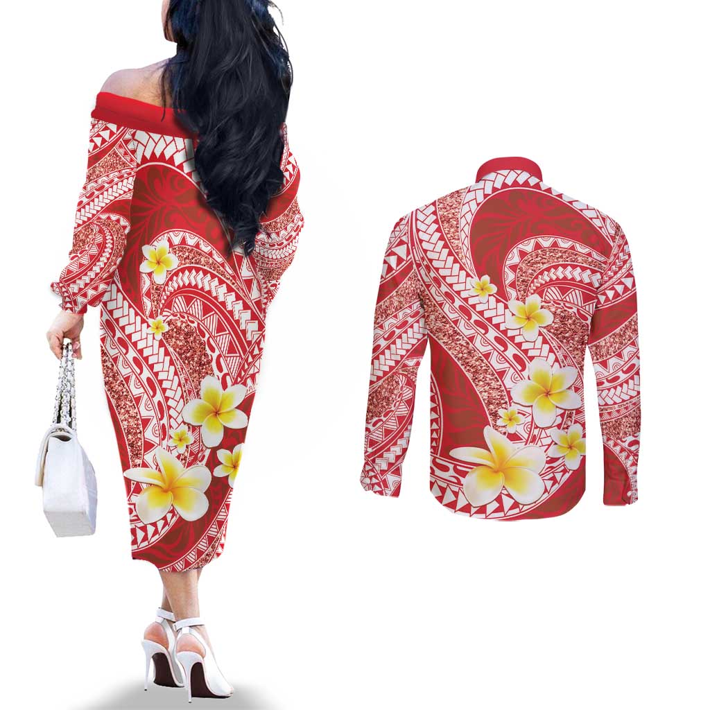Plumeria Polynesian Coral Glitter Pattern Couples Matching Off The Shoulder Long Sleeve Dress and Long Sleeve Button Shirt LT01 - Polynesian Pride
