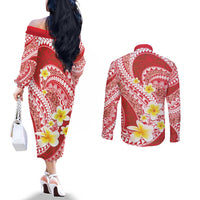 Plumeria Polynesian Coral Glitter Pattern Couples Matching Off The Shoulder Long Sleeve Dress and Long Sleeve Button Shirt LT01 - Polynesian Pride
