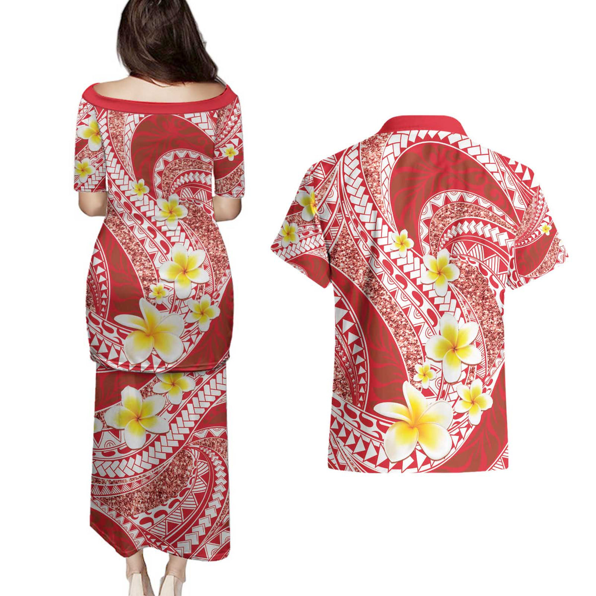 Plumeria Polynesian Coral Glitter Pattern Couples Matching Puletasi and Hawaiian Shirt