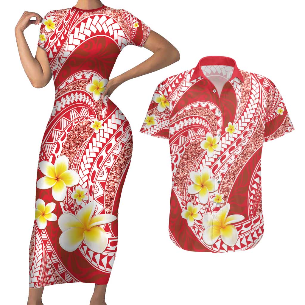 Plumeria Polynesian Coral Glitter Pattern Couples Matching Short Sleeve Bodycon Dress and Hawaiian Shirt
