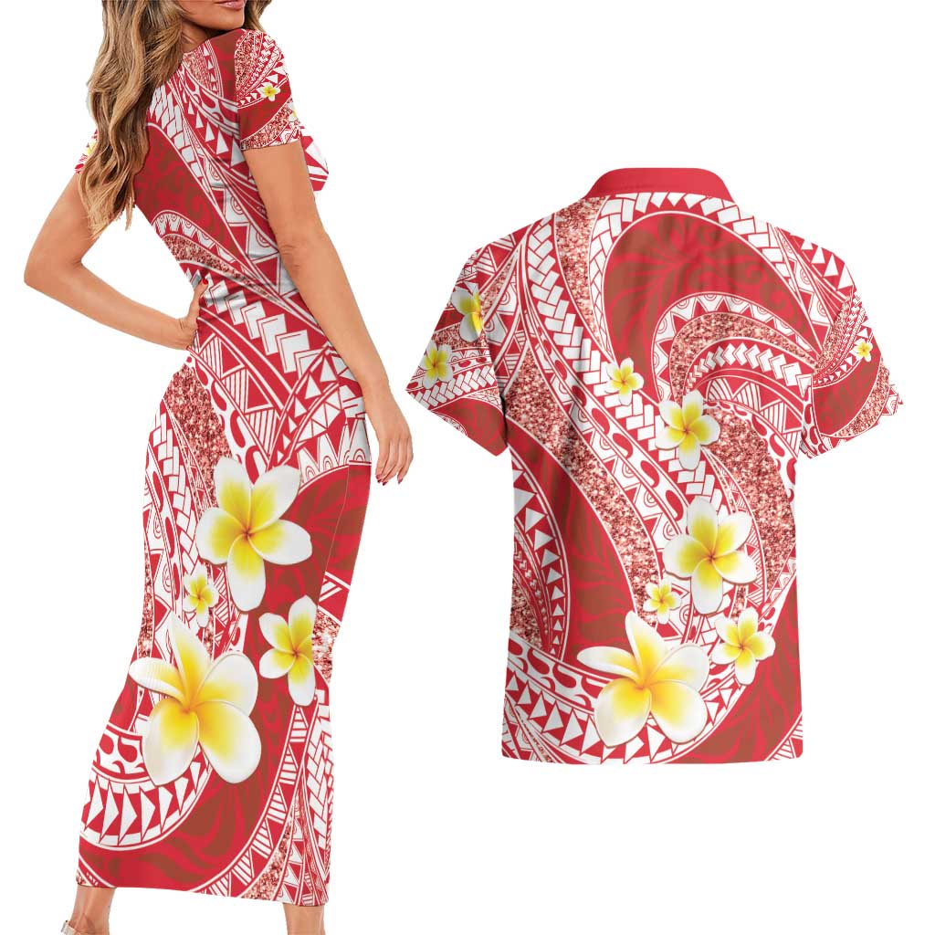 Plumeria Polynesian Coral Glitter Pattern Couples Matching Short Sleeve Bodycon Dress and Hawaiian Shirt