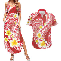 Plumeria Polynesian Coral Glitter Pattern Couples Matching Summer Maxi Dress and Hawaiian Shirt