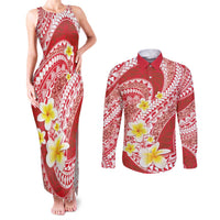 Plumeria Polynesian Coral Glitter Pattern Couples Matching Tank Maxi Dress and Long Sleeve Button Shirt