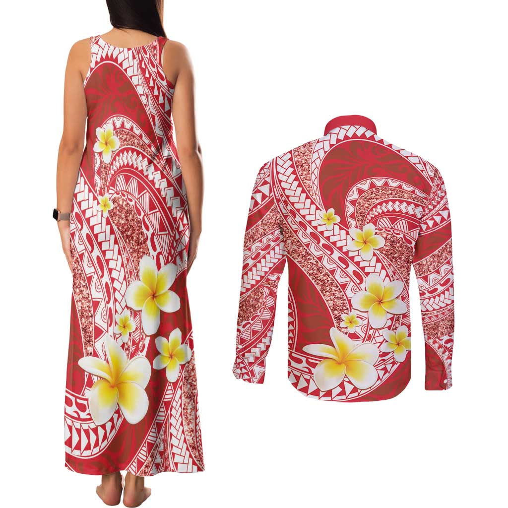 Plumeria Polynesian Coral Glitter Pattern Couples Matching Tank Maxi Dress and Long Sleeve Button Shirt