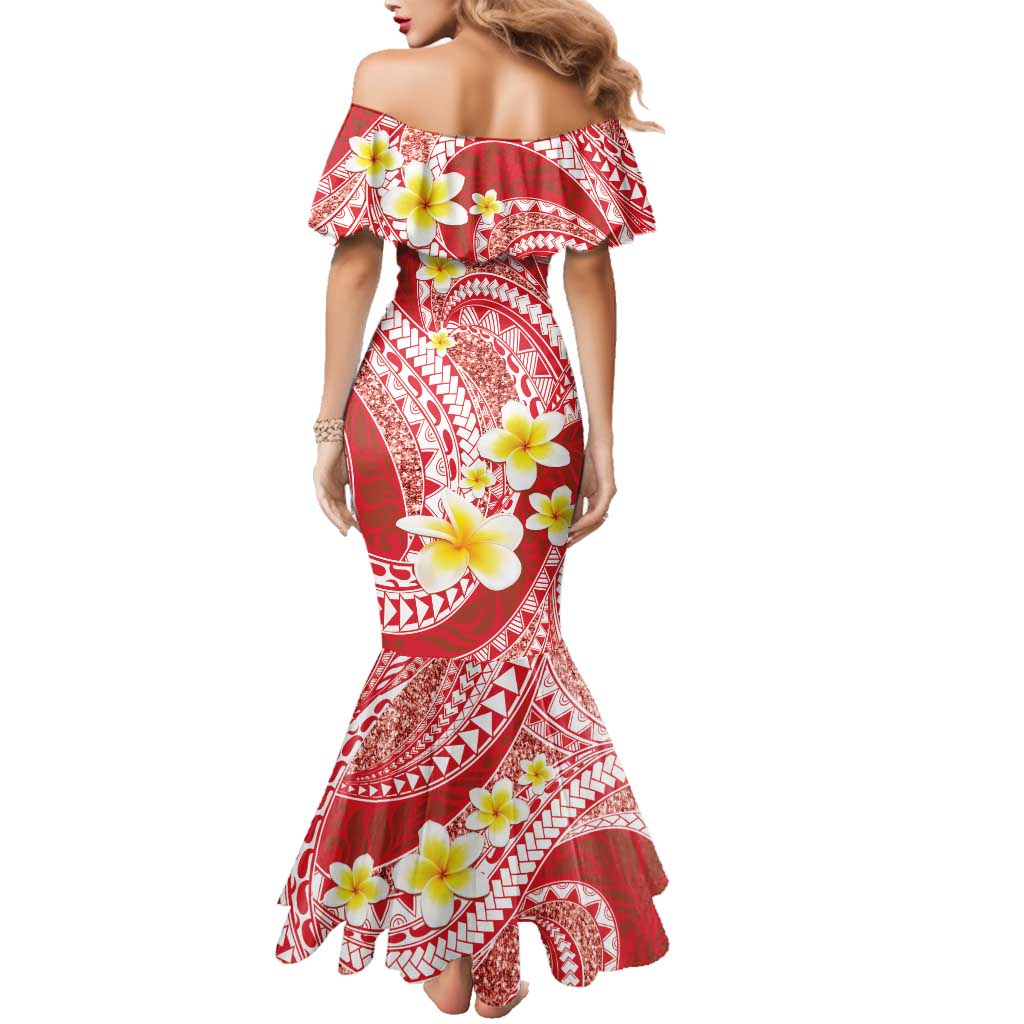 Plumeria Polynesian Coral Glitter Pattern Family Matching Mermaid Dress and Hawaiian Shirt