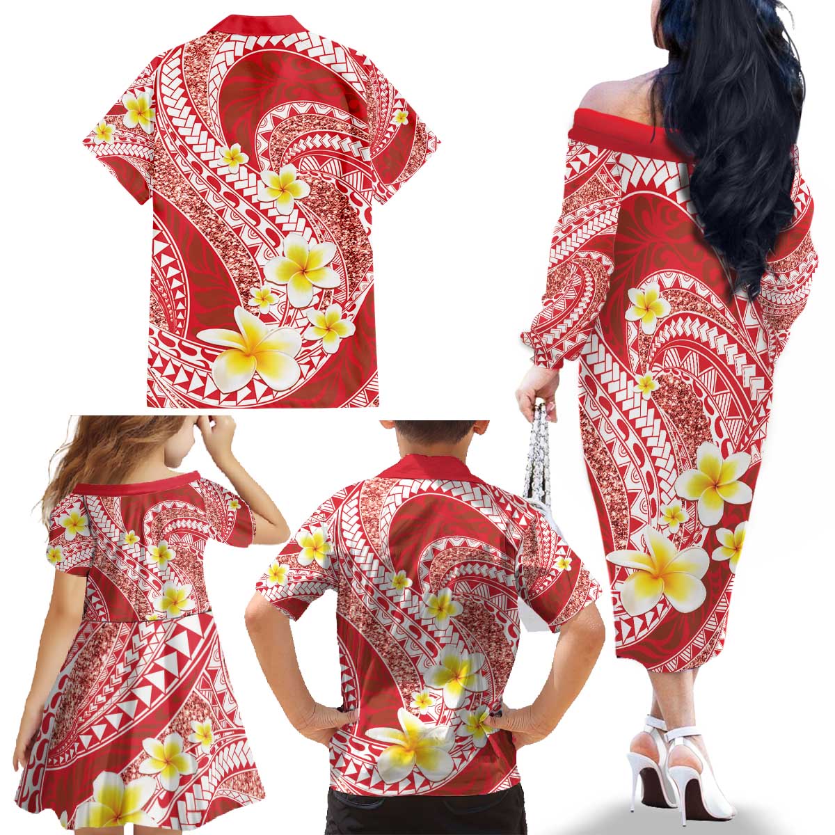 Plumeria Polynesian Coral Glitter Pattern Family Matching Off The Shoulder Long Sleeve Dress and Hawaiian Shirt