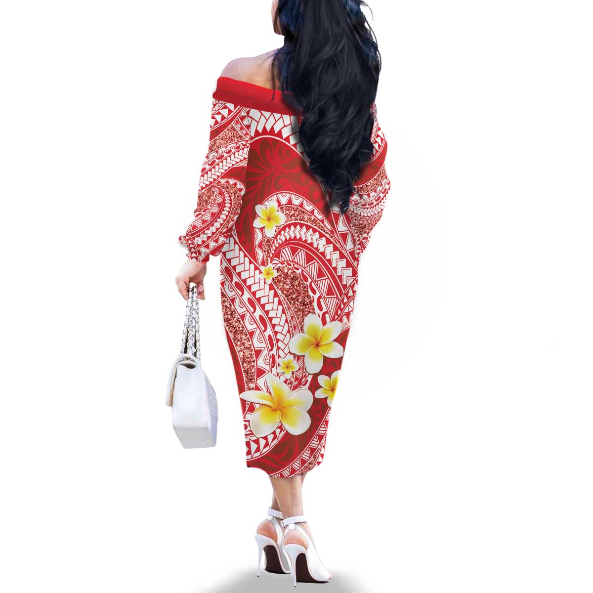 Plumeria Polynesian Coral Glitter Pattern Family Matching Off The Shoulder Long Sleeve Dress and Hawaiian Shirt