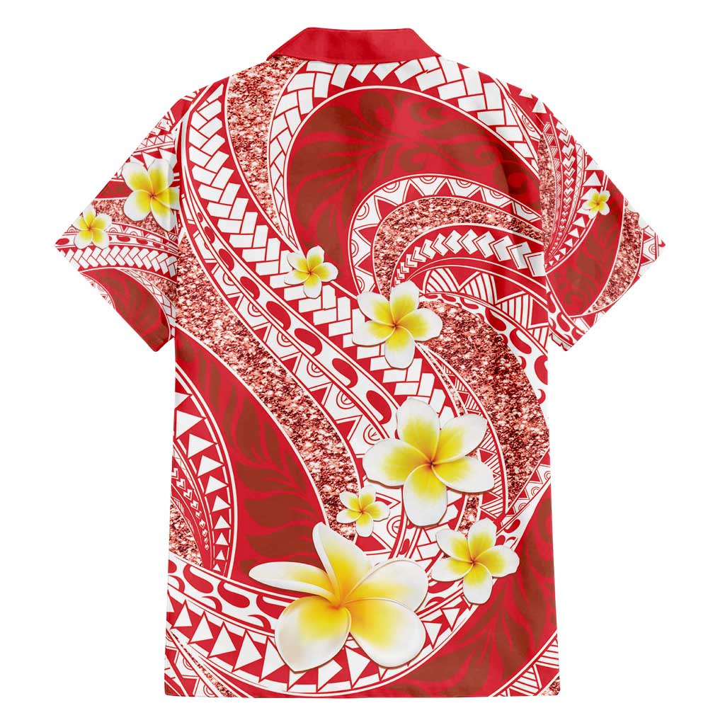 Plumeria Polynesian Coral Glitter Pattern Family Matching Off Shoulder Maxi Dress and Hawaiian Shirt