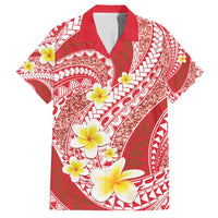 Plumeria Polynesian Coral Glitter Pattern Family Matching Off Shoulder Short Dress and Hawaiian Shirt
