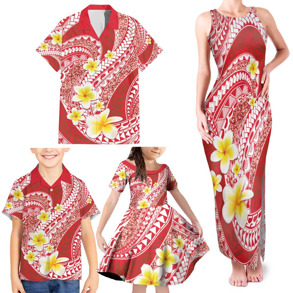 Plumeria Polynesian Coral Glitter Pattern Family Matching Tank Maxi Dress and Hawaiian Shirt