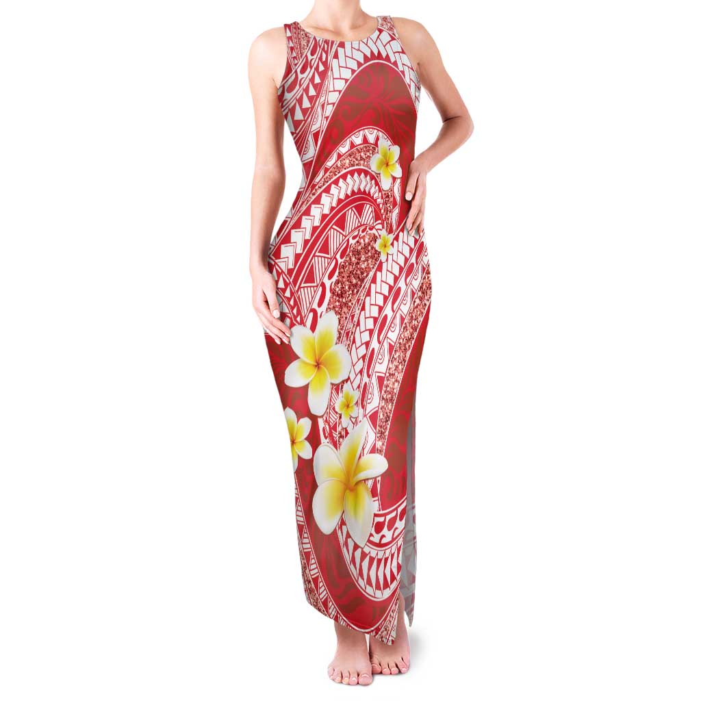 Plumeria Polynesian Coral Glitter Pattern Family Matching Tank Maxi Dress and Hawaiian Shirt