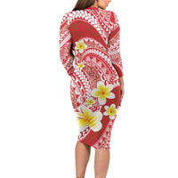 Plumeria Polynesian Coral Glitter Pattern Long Sleeve Bodycon Dress