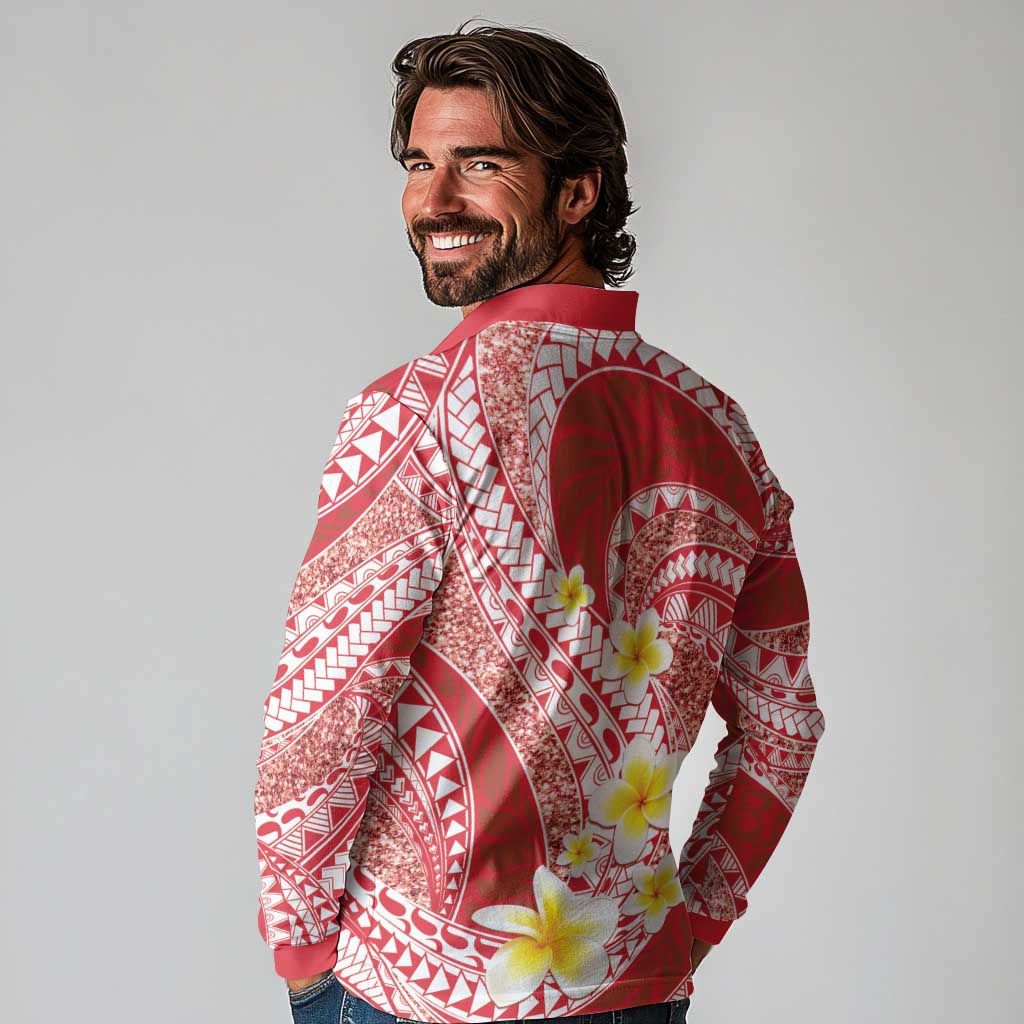 Plumeria Polynesian Coral Glitter Pattern Long Sleeve Polo Shirt