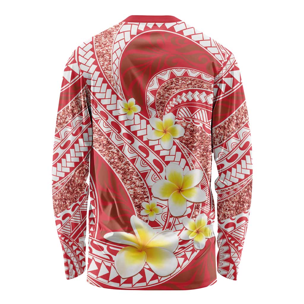 Plumeria Polynesian Coral Glitter Pattern Long Sleeve Shirt