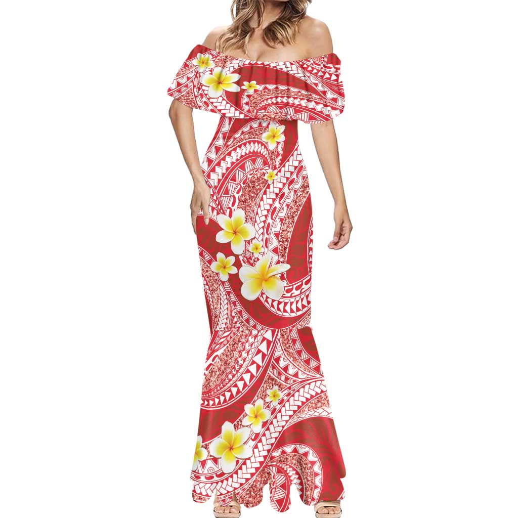 Plumeria Polynesian Coral Glitter Pattern Mermaid Dress