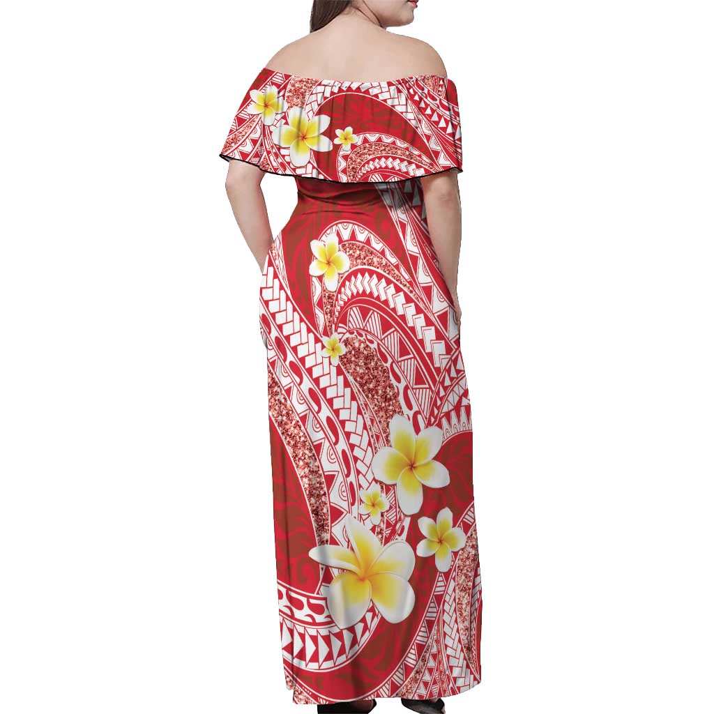 Plumeria Polynesian Coral Glitter Pattern Off Shoulder Maxi Dress