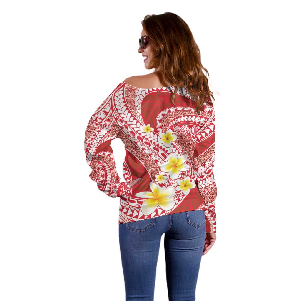 Plumeria Polynesian Coral Glitter Pattern Off Shoulder Sweater