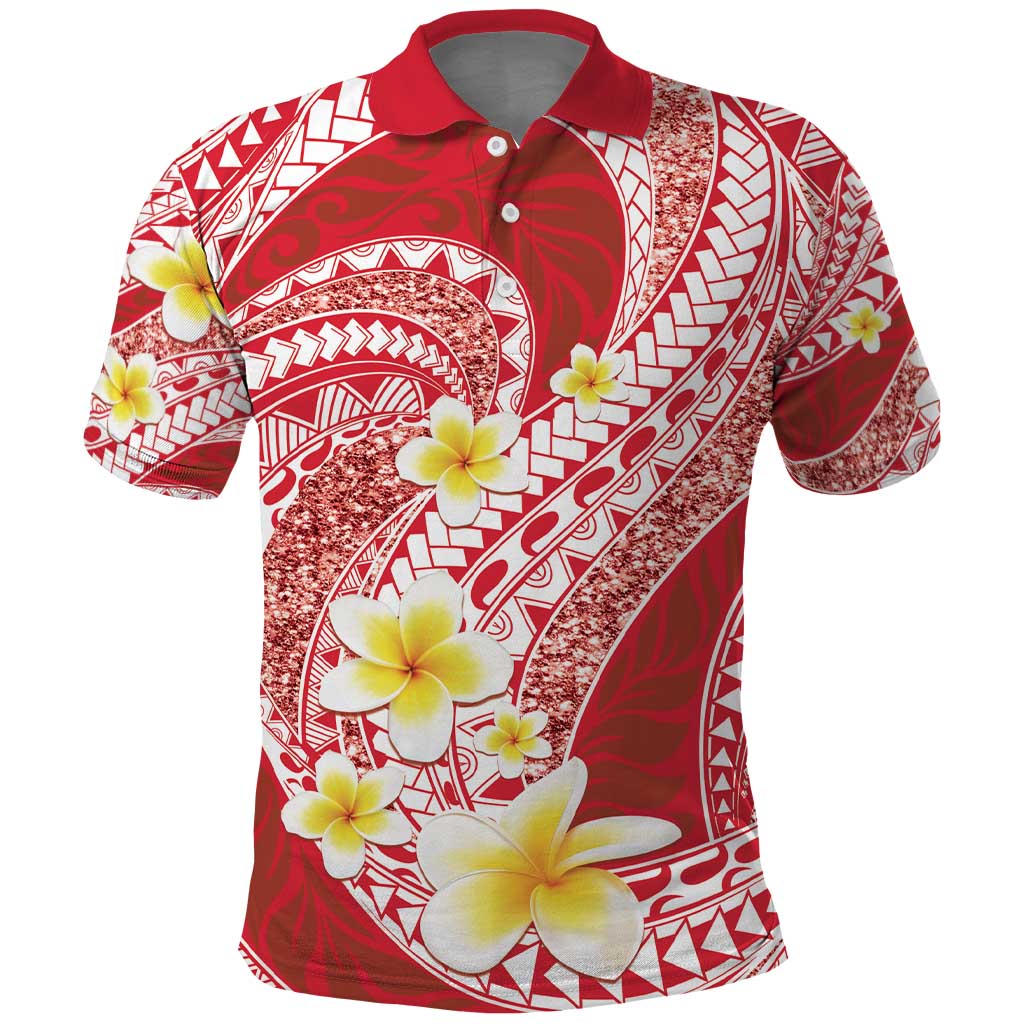 Plumeria Polynesian Coral Glitter Pattern Polo Shirt