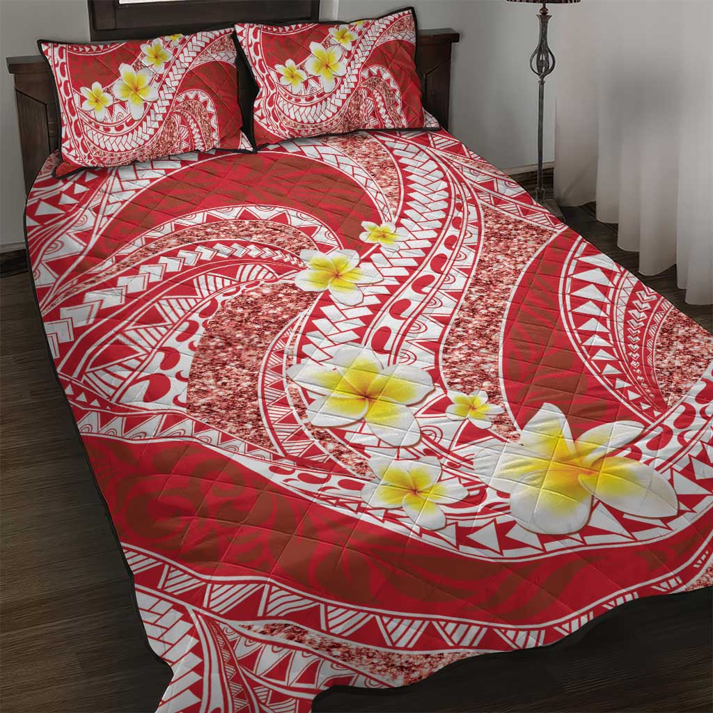 Plumeria Polynesian Coral Glitter Pattern Quilt Bed Set