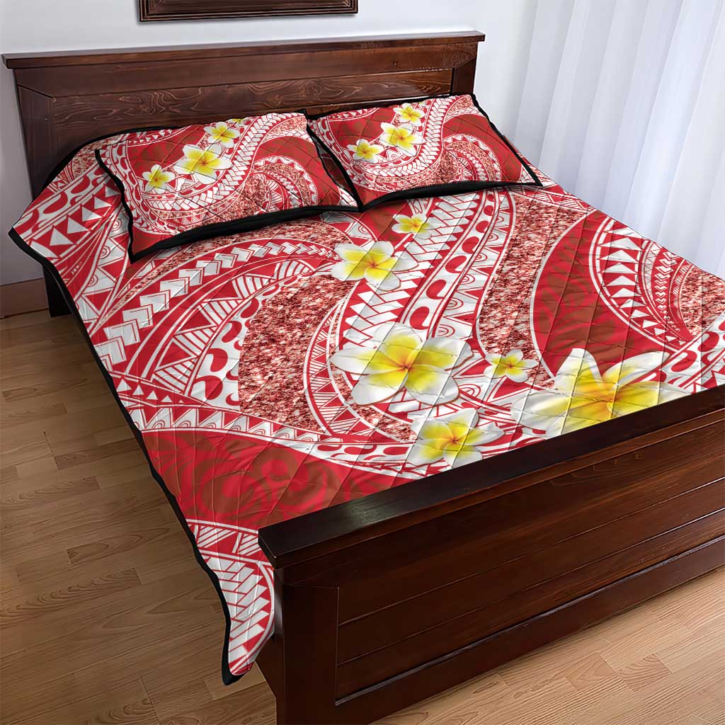 Plumeria Polynesian Coral Glitter Pattern Quilt Bed Set