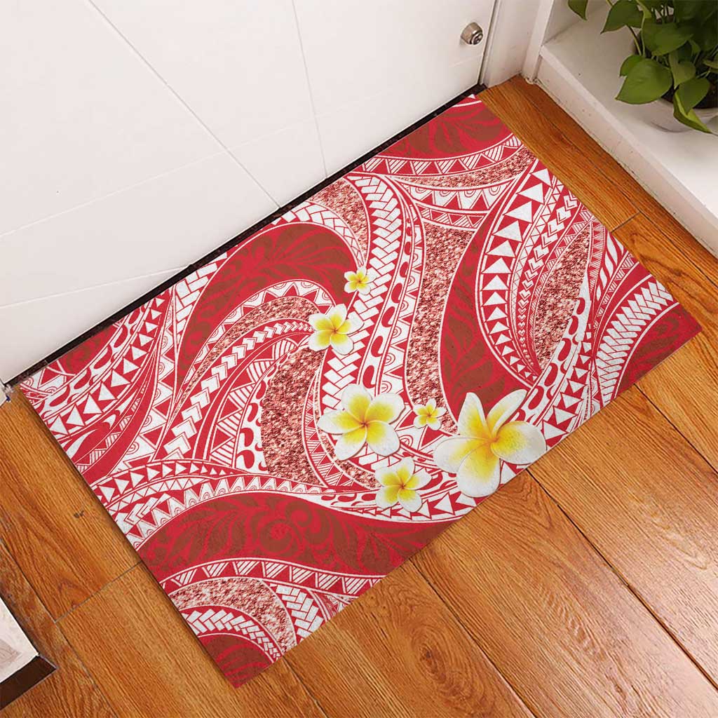 Plumeria Polynesian Coral Glitter Pattern Rubber Doormat
