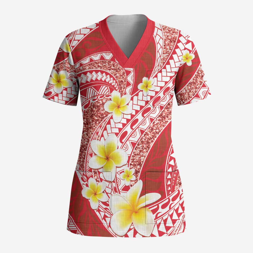 Plumeria Polynesian Coral Glitter Pattern Scrub Top - Polynesian Pride
