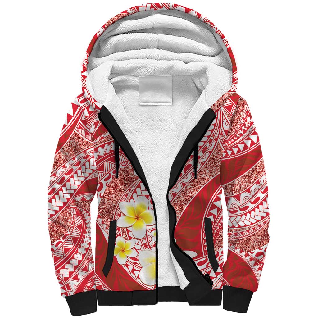Plumeria Polynesian Coral Glitter Pattern Sherpa Hoodie