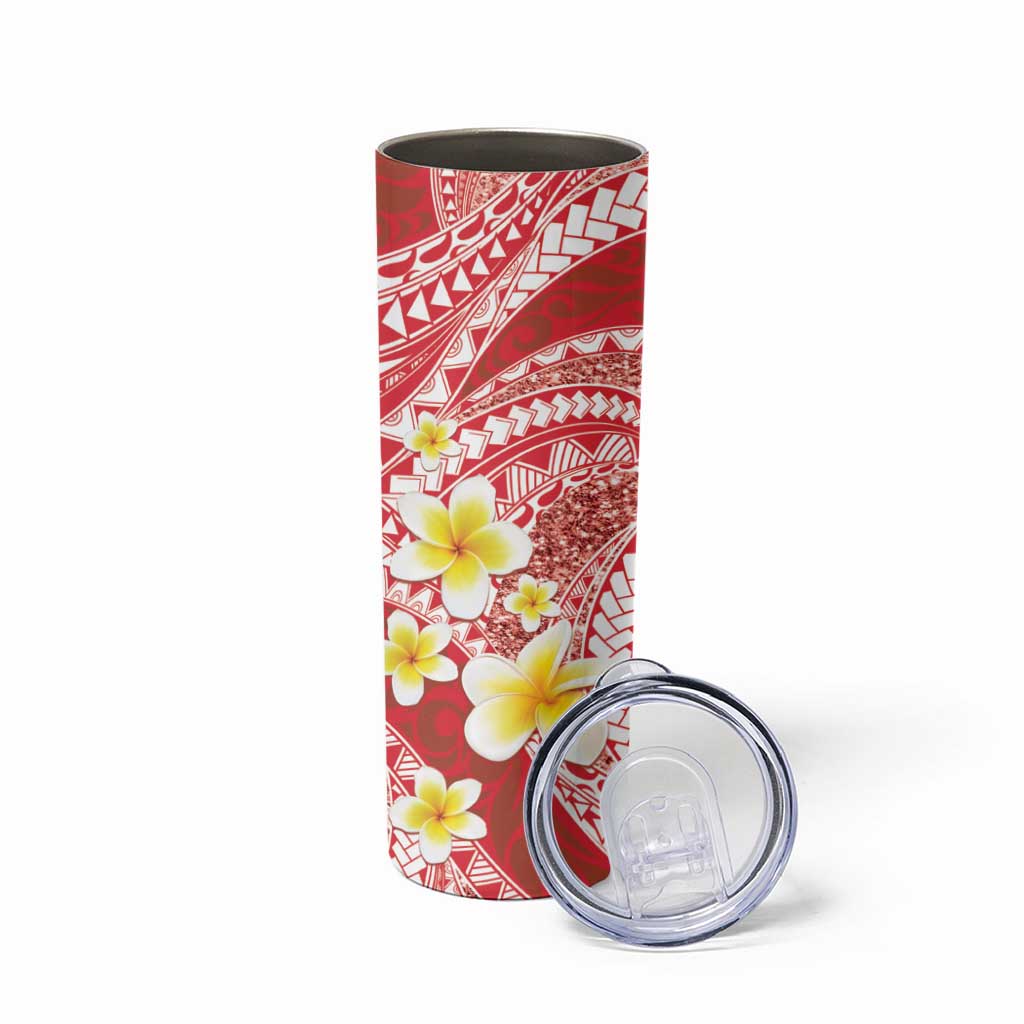 Plumeria Polynesian Coral Glitter Pattern Skinny Tumbler