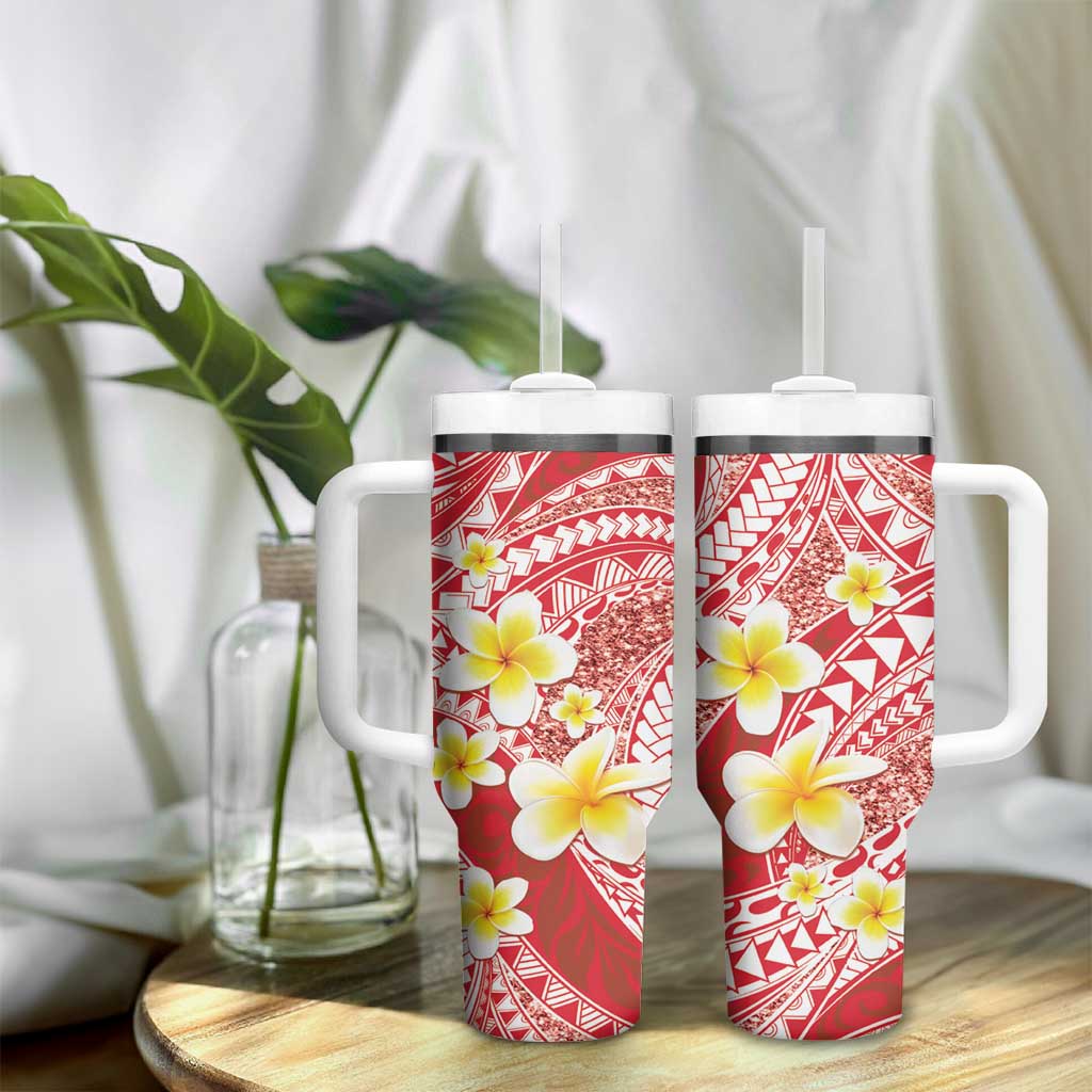 Plumeria Polynesian Coral Glitter Pattern Tumbler With Handle