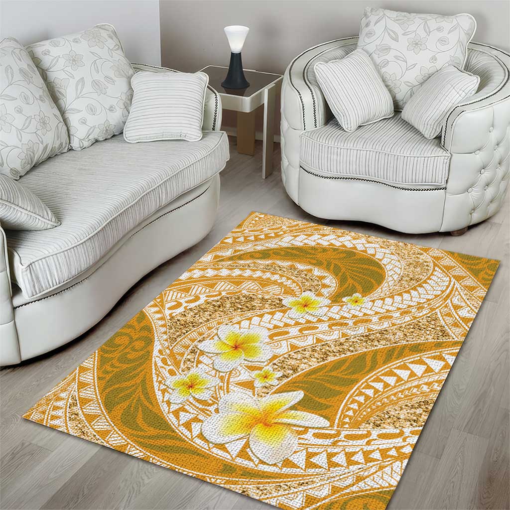 Plumeria Polynesian Gold Glitter Pattern Area Rug