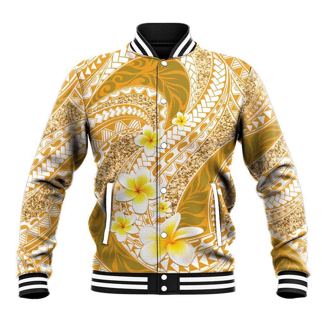 Plumeria Polynesian Gold Glitter Pattern Baseball Jacket LT01 Unisex Gold - Polynesian Pride