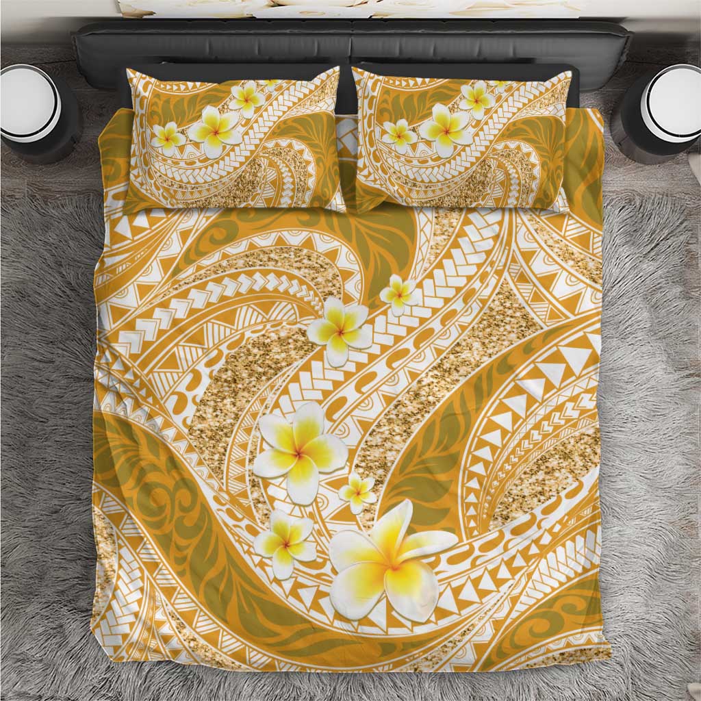Plumeria Polynesian Gold Glitter Pattern Bedding Set