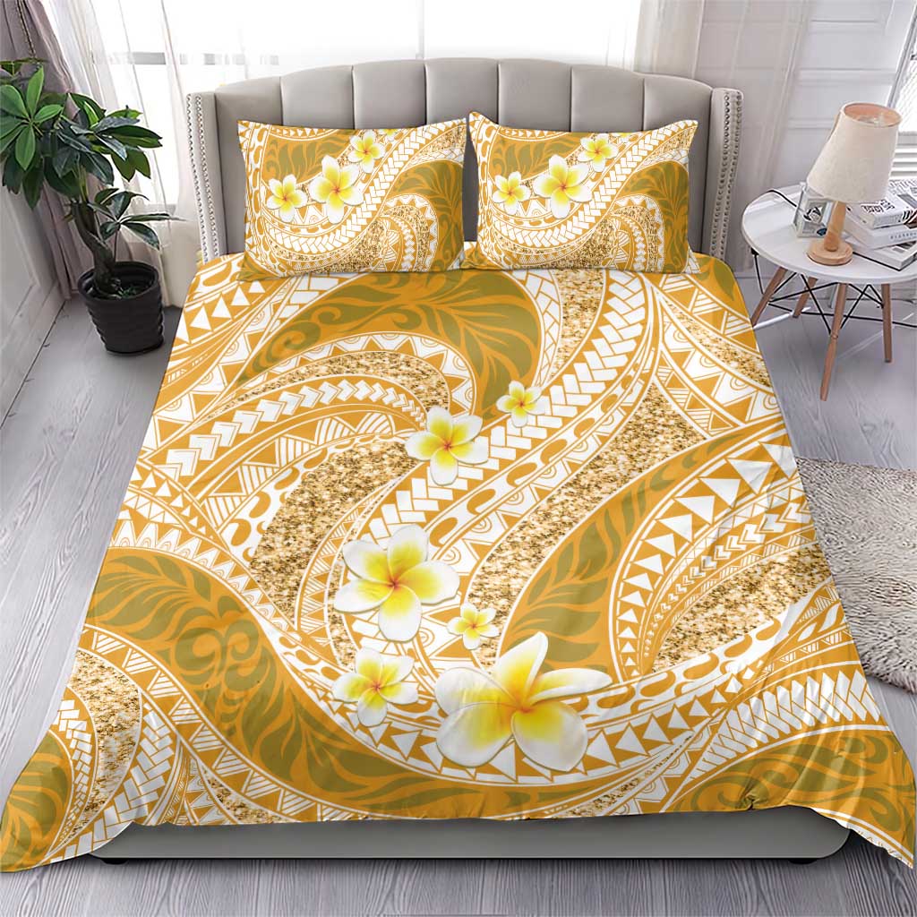 Plumeria Polynesian Gold Glitter Pattern Bedding Set