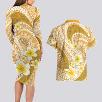 Plumeria Polynesian Gold Glitter Pattern Couples Matching Long Sleeve Bodycon Dress and Hawaiian Shirt