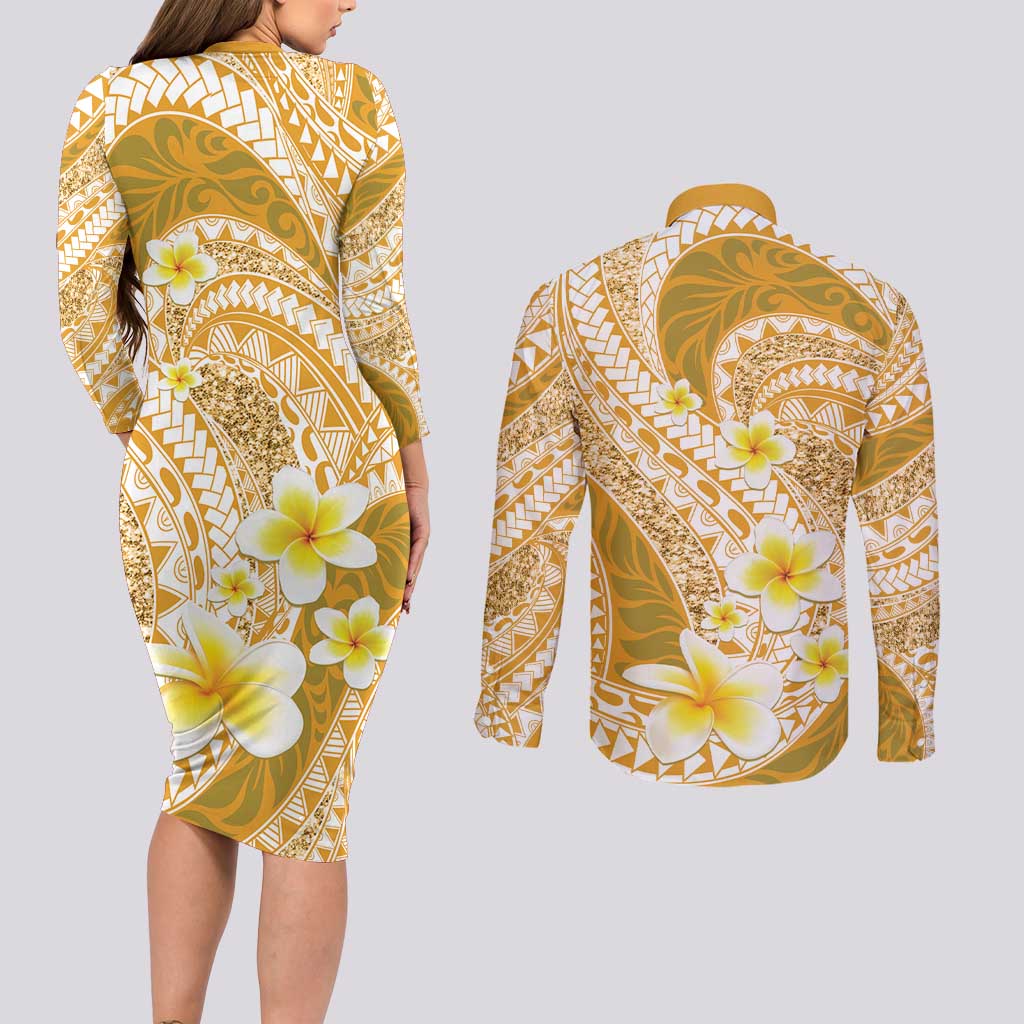 Plumeria Polynesian Gold Glitter Pattern Couples Matching Long Sleeve Bodycon Dress and Long Sleeve Button Shirt