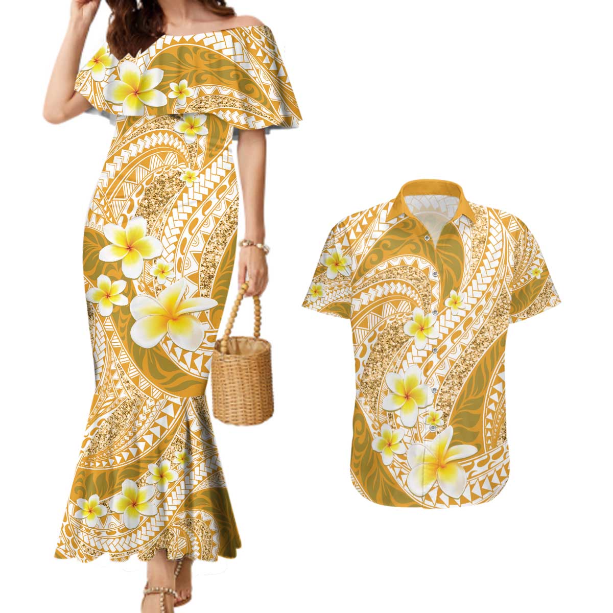 Plumeria Polynesian Gold Glitter Pattern Couples Matching Mermaid Dress and Hawaiian Shirt