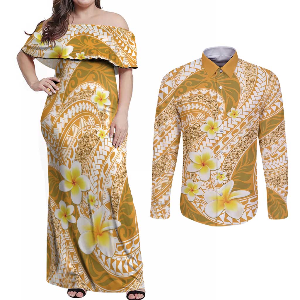 Plumeria Polynesian Gold Glitter Pattern Couples Matching Off Shoulder Maxi Dress and Long Sleeve Button Shirt