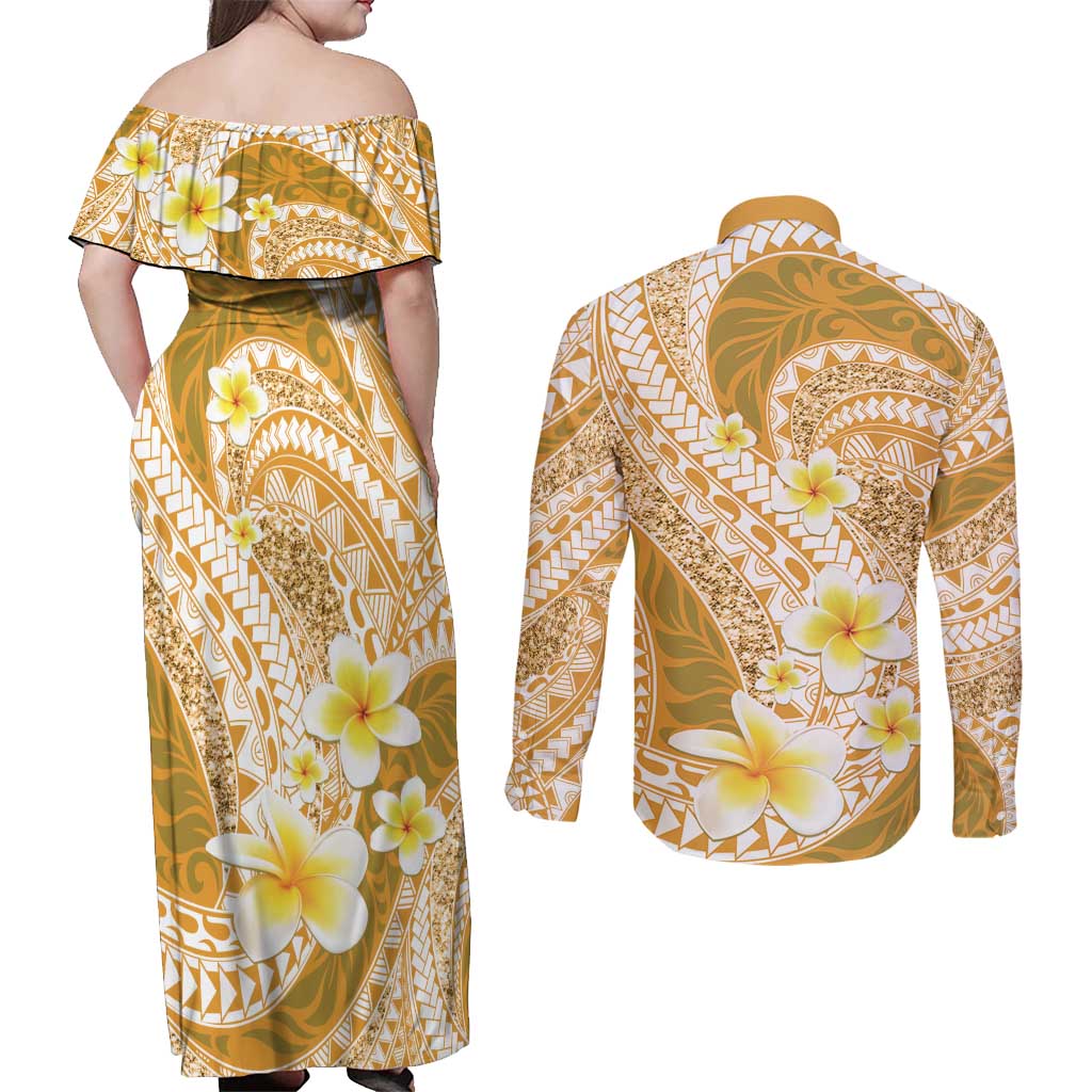Plumeria Polynesian Gold Glitter Pattern Couples Matching Off Shoulder Maxi Dress and Long Sleeve Button Shirt