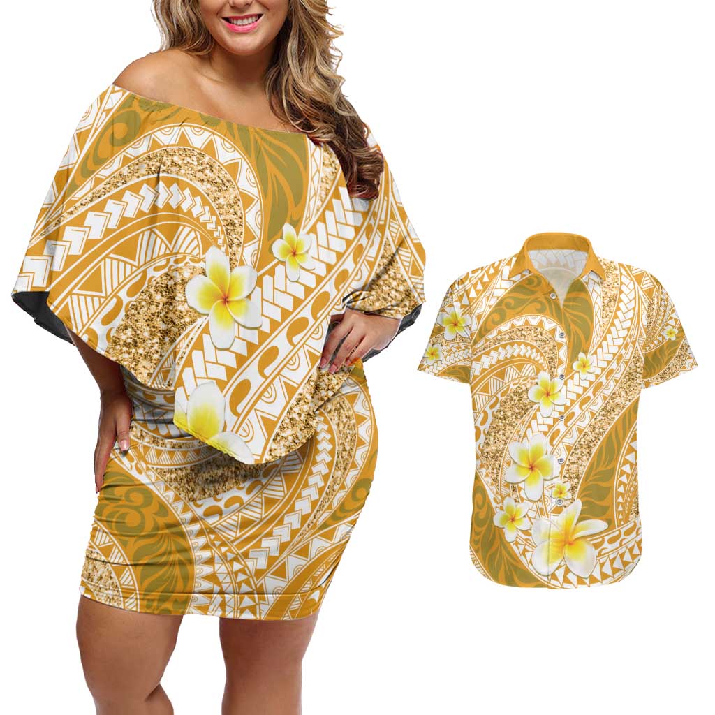 Plumeria Polynesian Gold Glitter Pattern Couples Matching Off Shoulder Short Dress and Hawaiian Shirt