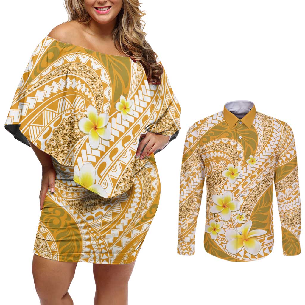 Plumeria Polynesian Gold Glitter Pattern Couples Matching Off Shoulder Short Dress and Long Sleeve Button Shirt