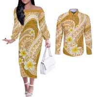 Plumeria Polynesian Gold Glitter Pattern Couples Matching Off The Shoulder Long Sleeve Dress and Long Sleeve Button Shirt