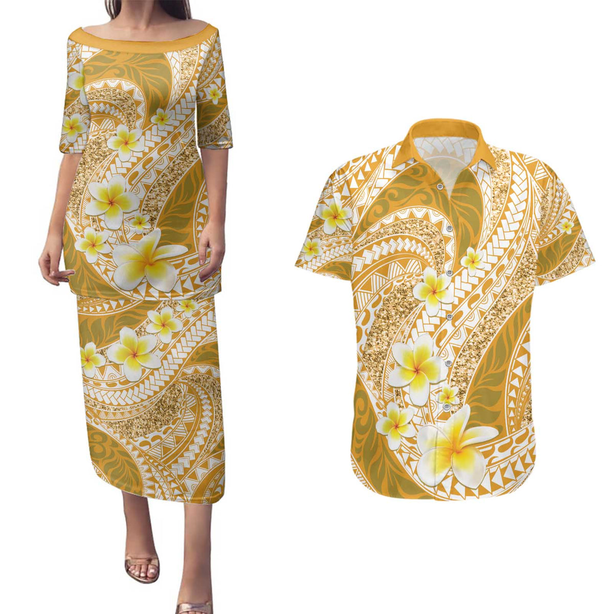Plumeria Polynesian Gold Glitter Pattern Couples Matching Puletasi and Hawaiian Shirt