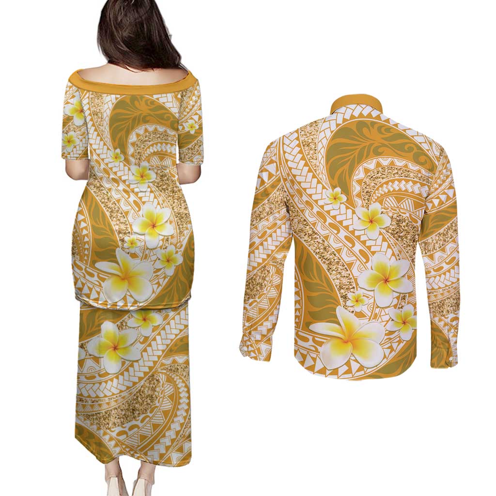 Plumeria Polynesian Gold Glitter Pattern Couples Matching Puletasi and Long Sleeve Button Shirt