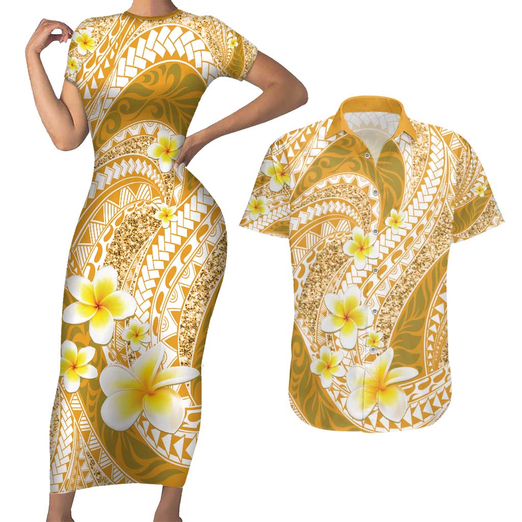 Plumeria Polynesian Gold Glitter Pattern Couples Matching Short Sleeve Bodycon Dress and Hawaiian Shirt
