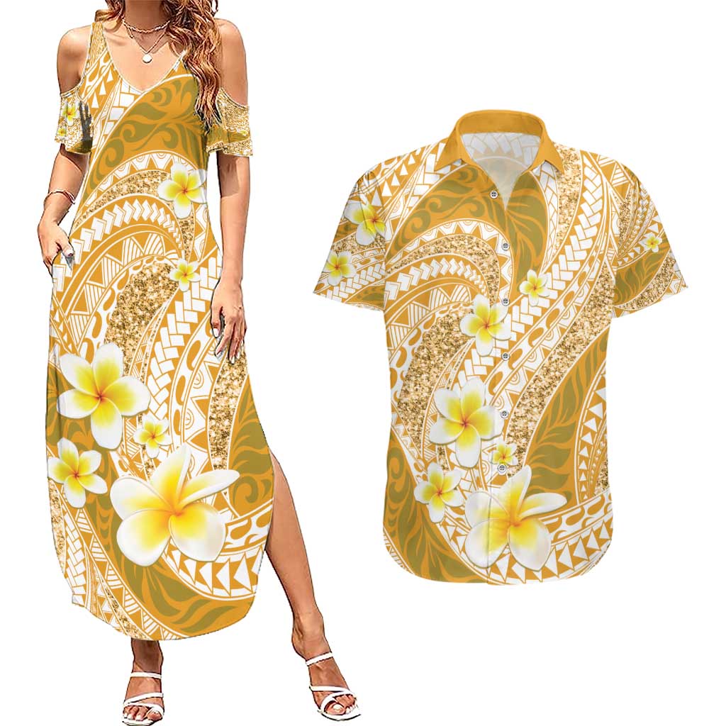 Plumeria Polynesian Gold Glitter Pattern Couples Matching Summer Maxi Dress and Hawaiian Shirt