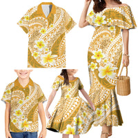 Plumeria Polynesian Gold Glitter Pattern Family Matching Mermaid Dress and Hawaiian Shirt