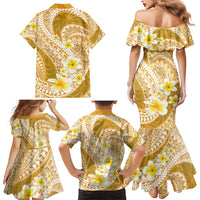 Plumeria Polynesian Gold Glitter Pattern Family Matching Mermaid Dress and Hawaiian Shirt