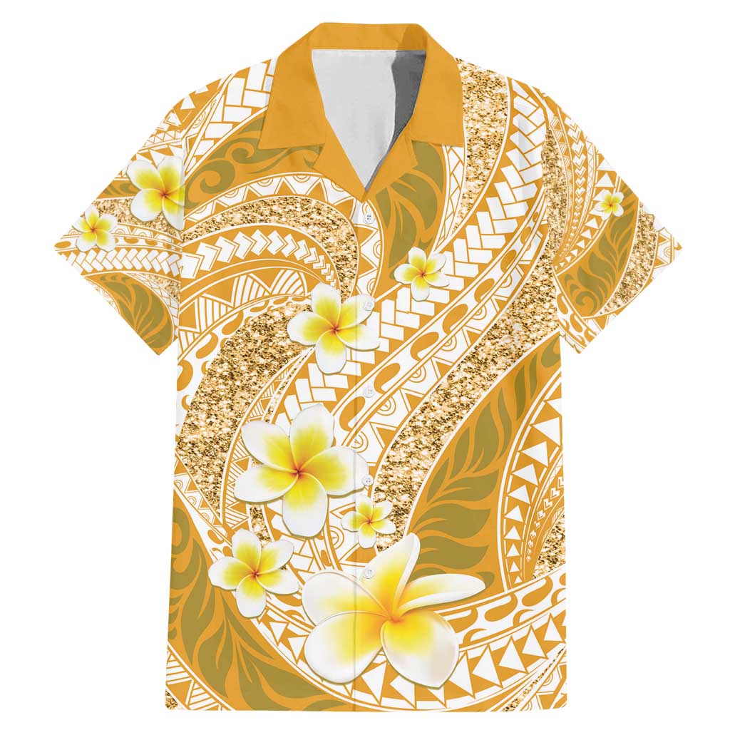 Plumeria Polynesian Gold Glitter Pattern Family Matching Mermaid Dress and Hawaiian Shirt