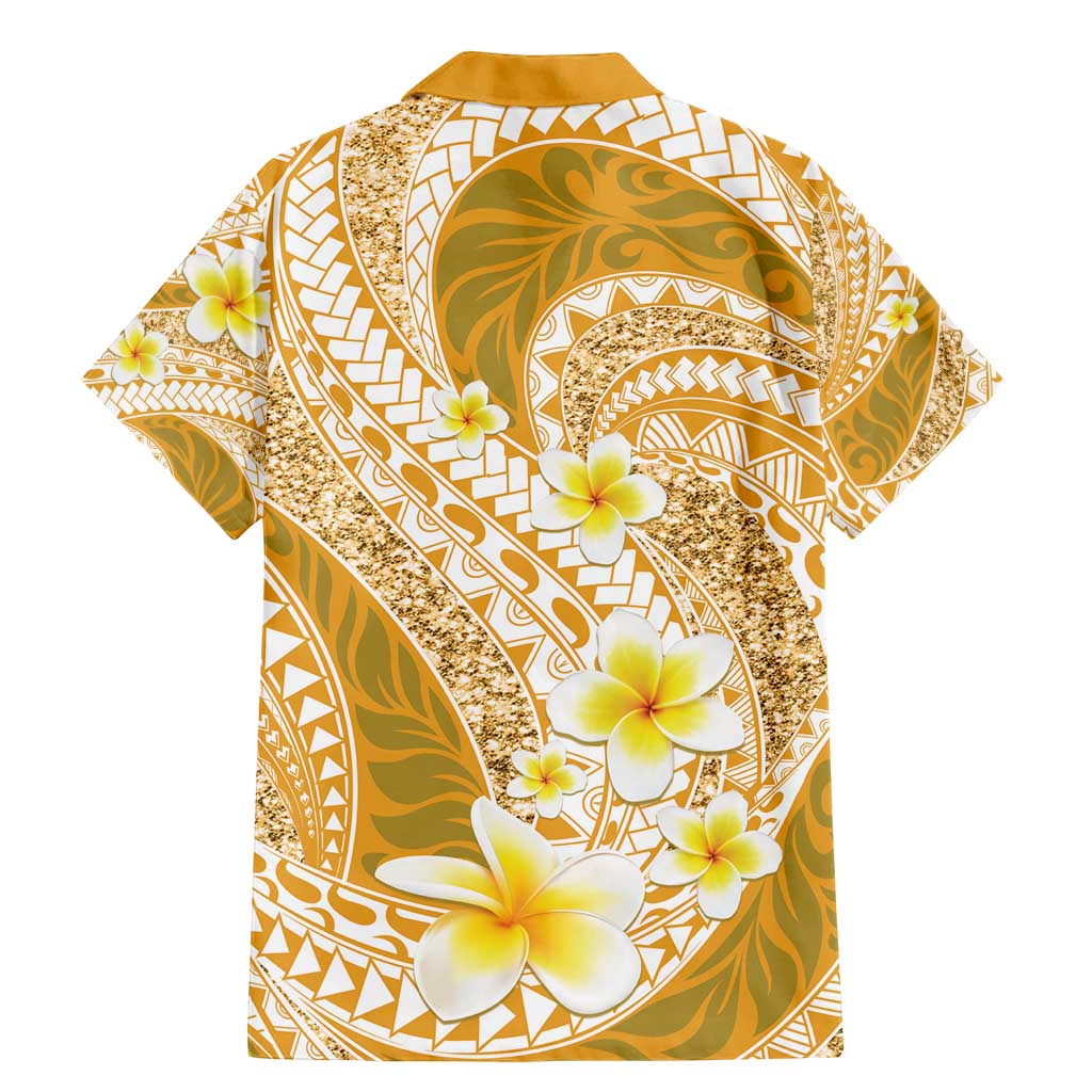 Plumeria Polynesian Gold Glitter Pattern Family Matching Mermaid Dress and Hawaiian Shirt